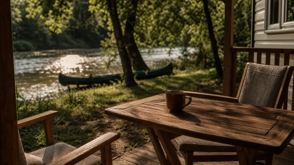 Camping la riviere lacave au bord de la Dordogne, terrasse ombragée