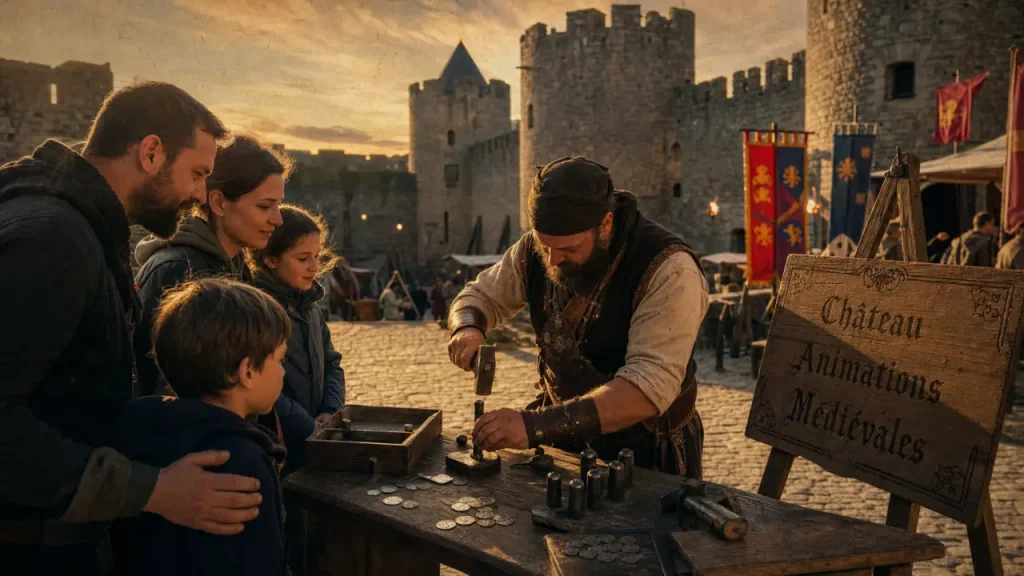 Château avec animations médiévales Dordogne : démonstration de frappe de monnaie