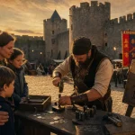 Château avec animations médiévales Dordogne : démonstration de frappe de monnaie