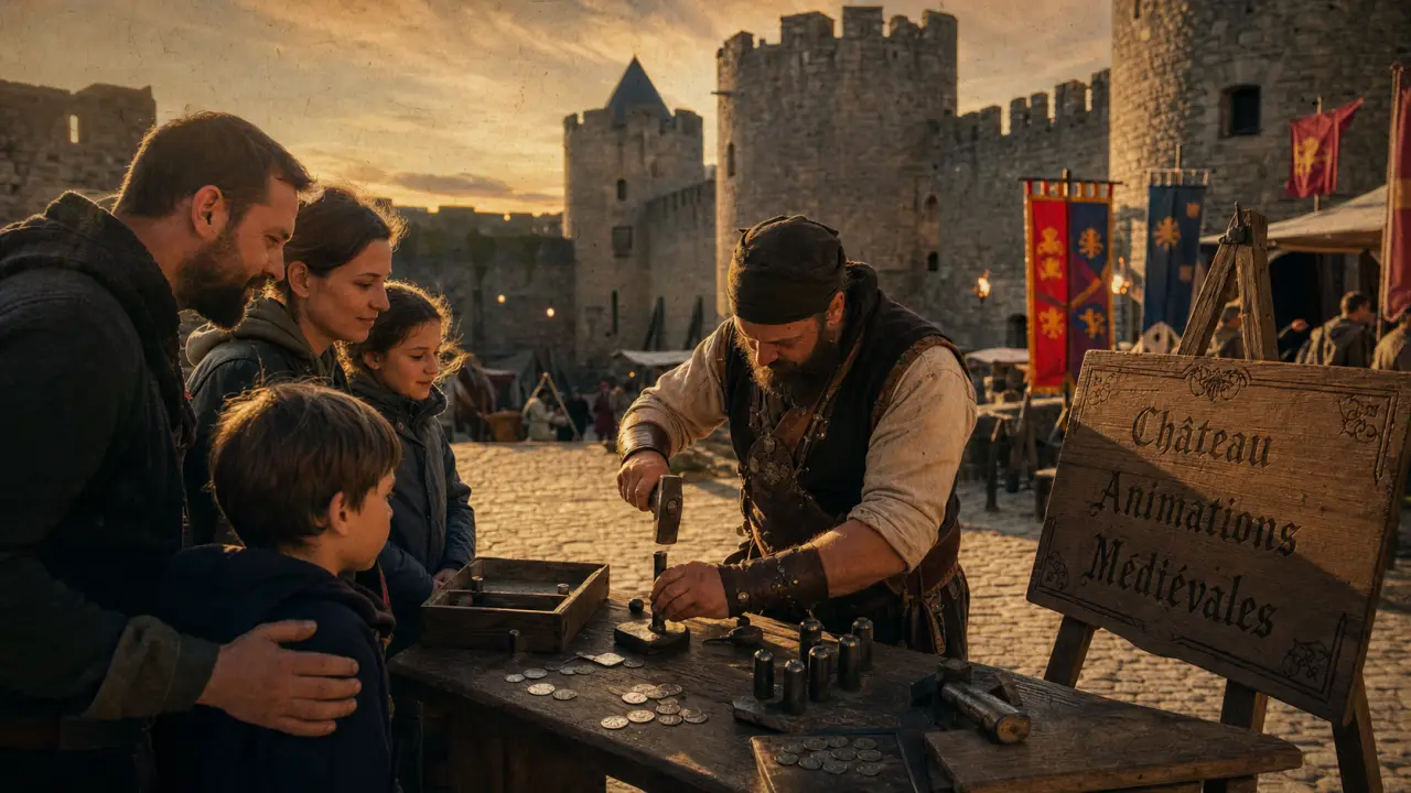 Château avec animations médiévales Dordogne : démonstration de frappe de monnaie