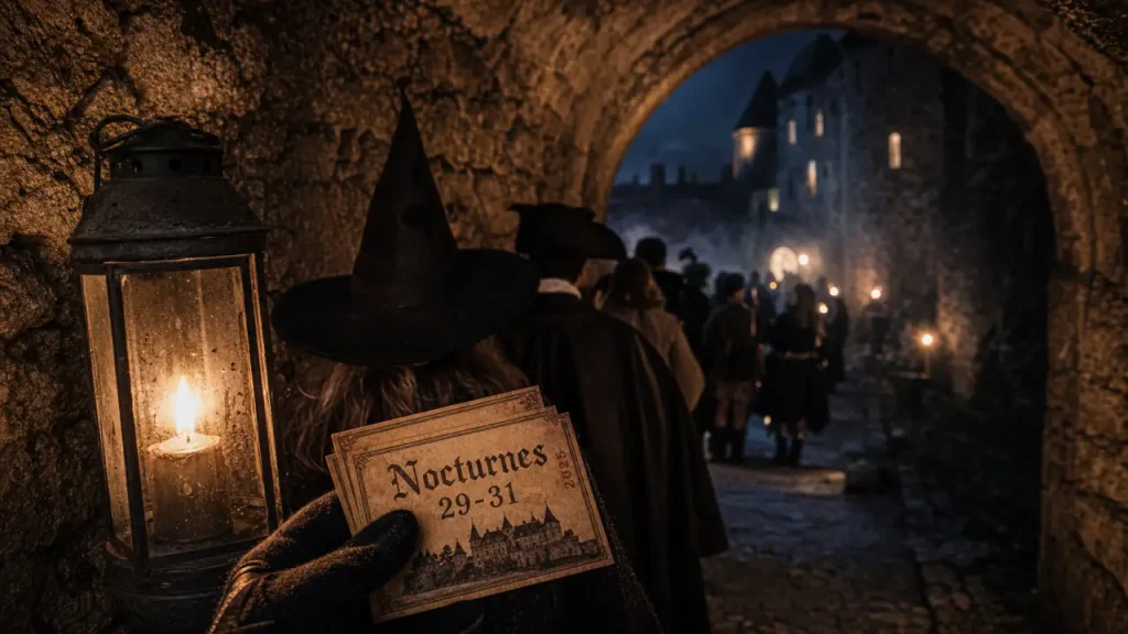 Château hanté Halloween dordogne : visiteurs et lanternes dans un château