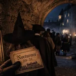Château hanté Halloween dordogne : visiteurs et lanternes dans un château