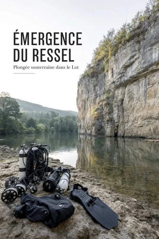 Émergence du Ressel : vue du site de plongée souterraine près de Cabrerets avec matériel préparé au bord du Célé