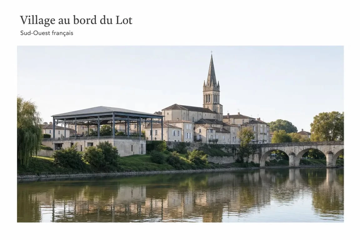 Tourisme Castelmoron sur Lot : village au bord du Lot avec église, halle et pont