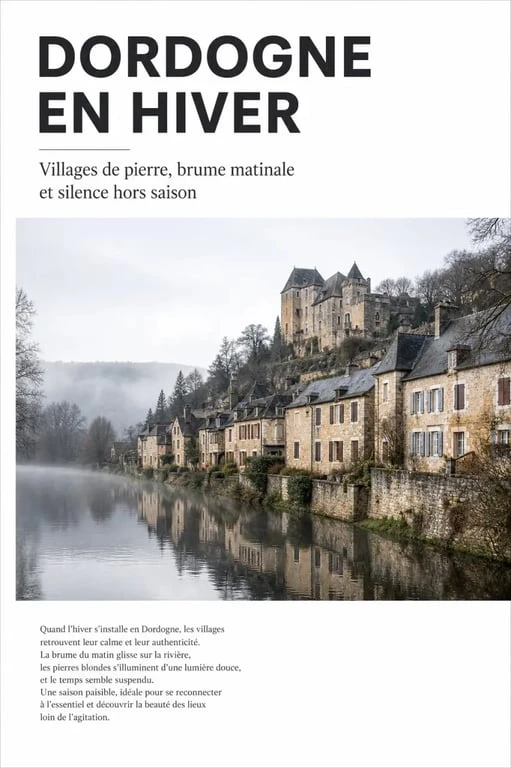 Tourisme dordogne hiver : village médiéval et rivière en Dordogne sous une lumière hivernale