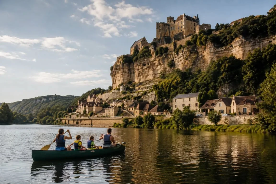 Dordogne tourisme famille : famille en canoë devant un village perché dans la vallée de la Dordogne
