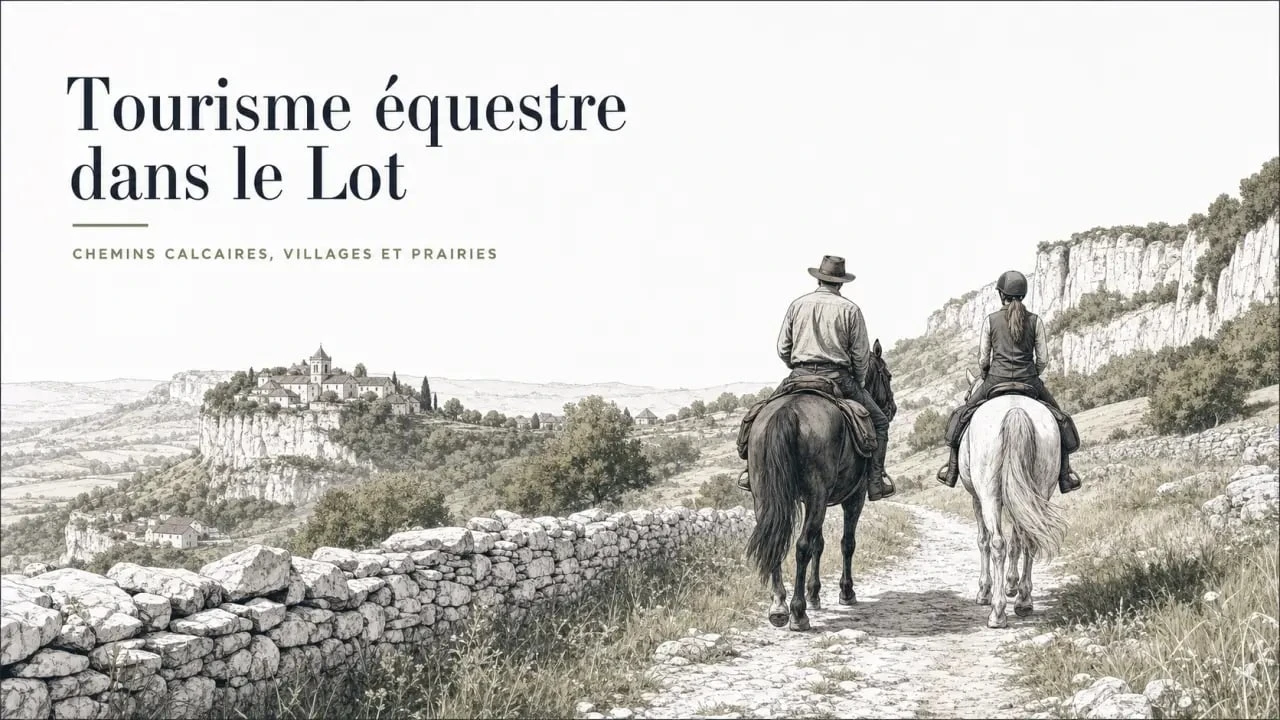 Tourisme equestre lot dans un paysage de randonnée à cheval entre vallées et villages du Lot