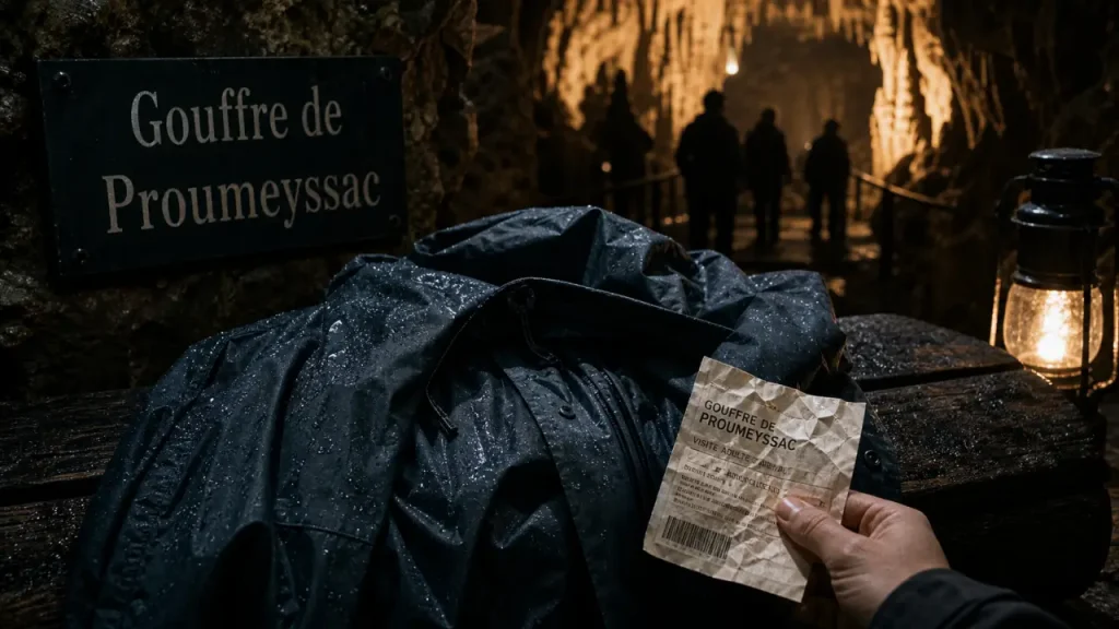 Que visiter en Périgord quand il pleut : imperméable devant la grotte du Gouffre de Proumeyssac