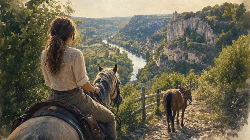 Tourisme equestre lot : cavalière sur un sentier du Lot