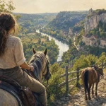 Tourisme equestre lot : cavalière sur un sentier du Lot