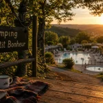 camping dordogne 3 étoiles au p'tit bonheur : terrasse en bois et piscine chauffée turquoise