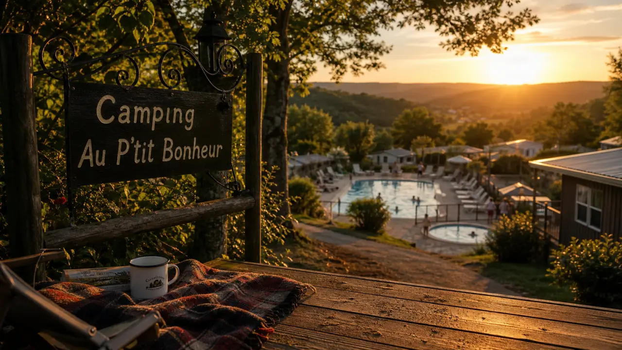 camping dordogne 3 étoiles au p'tit bonheur : terrasse en bois et piscine chauffée turquoise