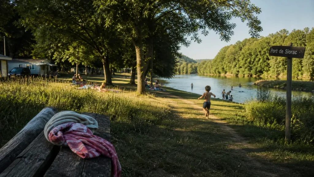 Camping Le Port de Siorac en Dordogne : plage en herbe, rivière et Périgord Noir