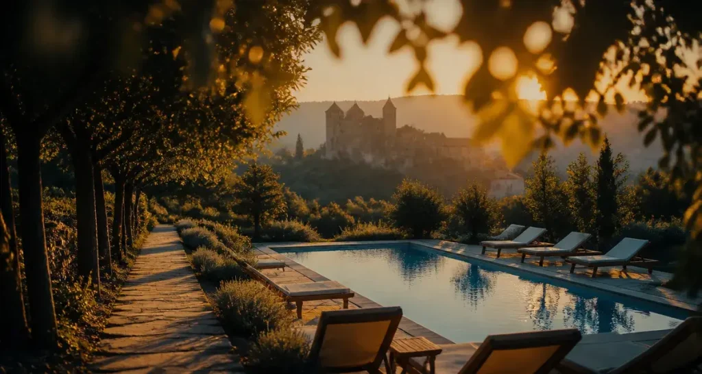 Camping La Peyrugue en Dordogne : 5 hectares de nature et piscine avec vue sur le Château de Peyruzel
