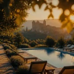 Camping Dordogne Périgord Noir avec piscine La Peyrugue et vue château