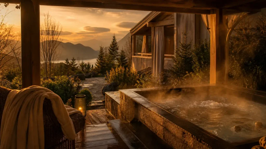 Camping avec jacuzzi privatif dordogne : terrasse avec jacuzzi fumant, intimité