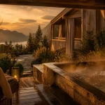 Camping avec jacuzzi privatif dordogne : terrasse avec jacuzzi fumant, intimité