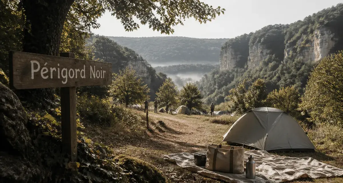 Camping l'offrerie dordogne périgord noir : tente en clairière sous chênes