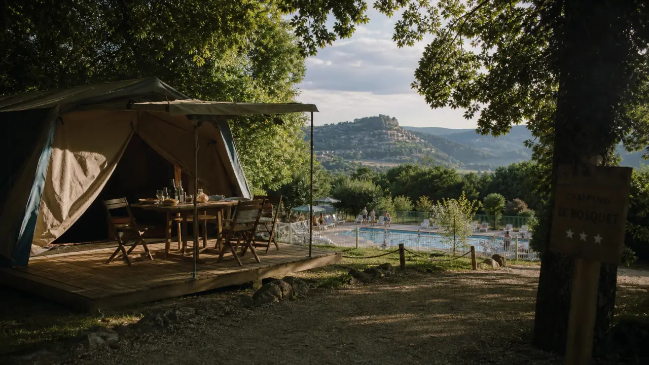 Camping le bosquet dordogne : terrasse bois et piscine chauffée