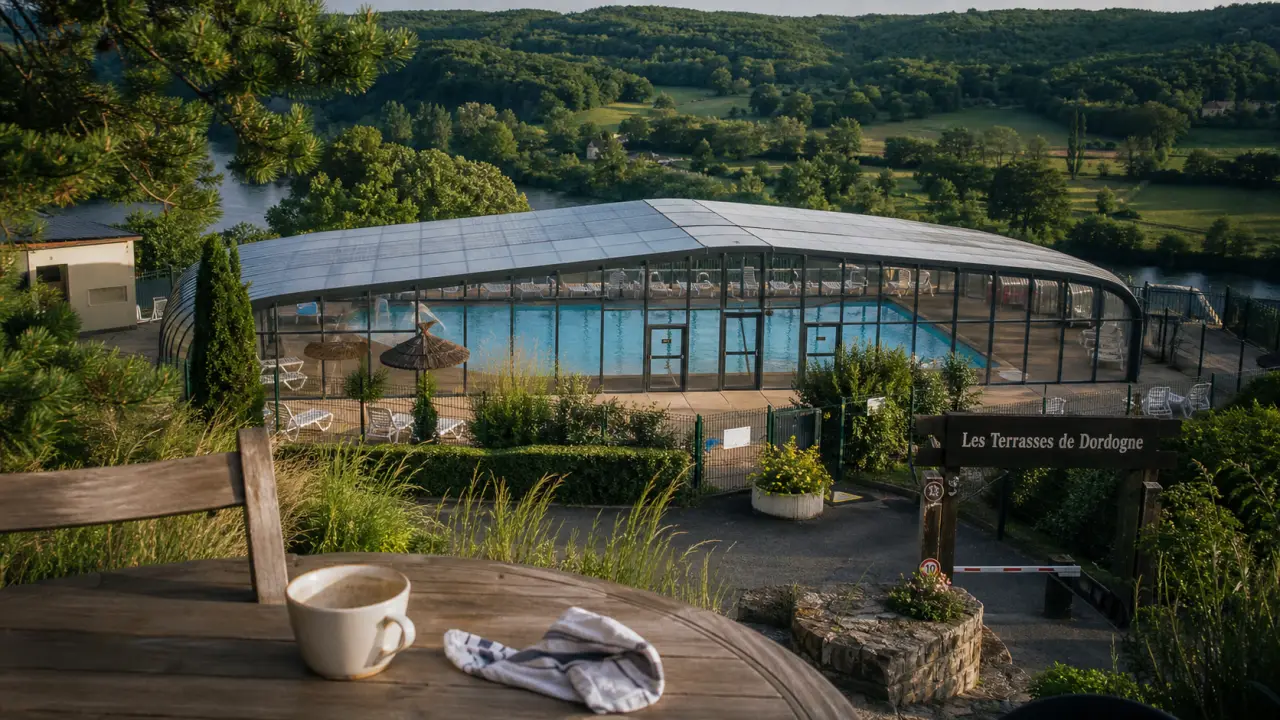 Camping les terrasses de dordogne : vue piscine chauffée couverte