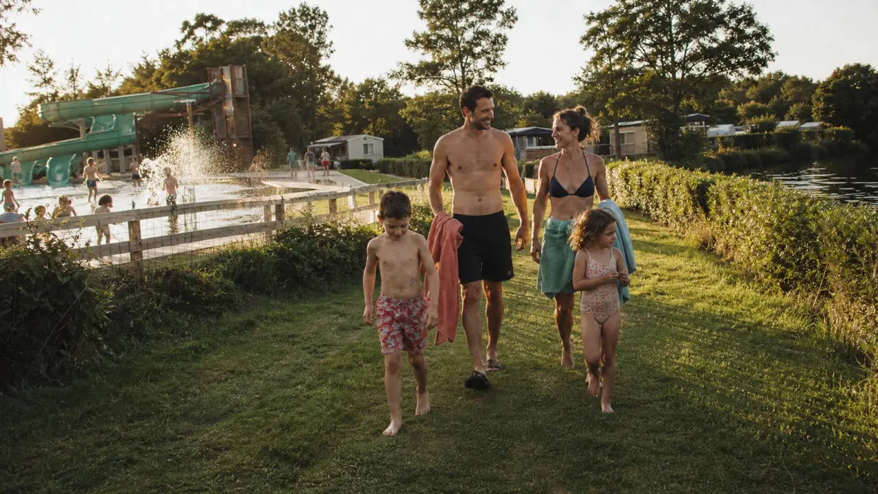 Duravel camping : famille près des piscines et toboggans enfants