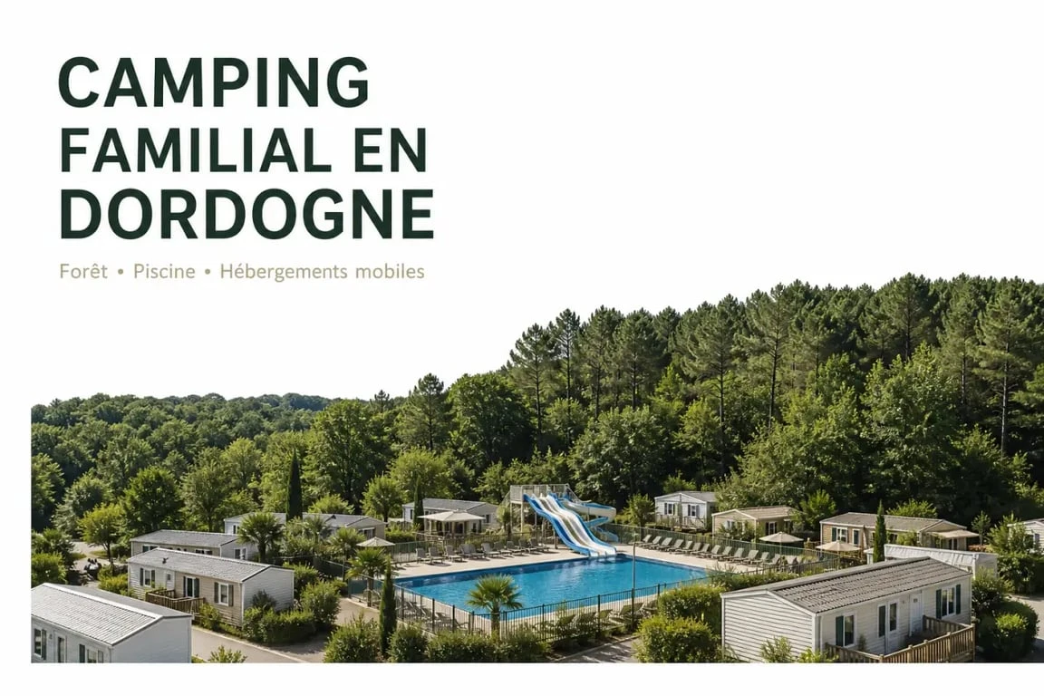 Camping La Linotte Le Bugue Dordogne : vue éditoriale d’un camping familial boisé avec piscine et toboggans