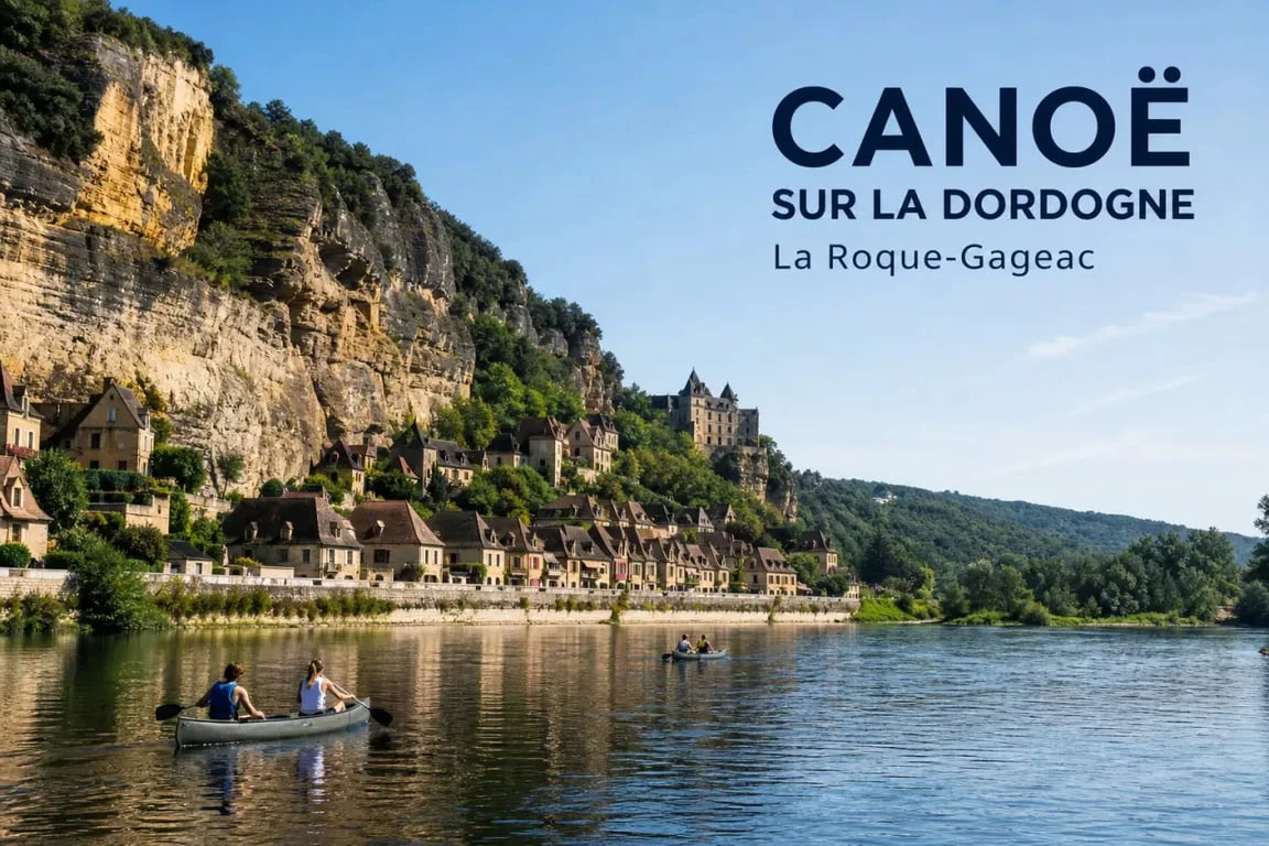 canoë dordogne la roque-gageac : descente en canoë devant les falaises dorées et le village en bord de rivière