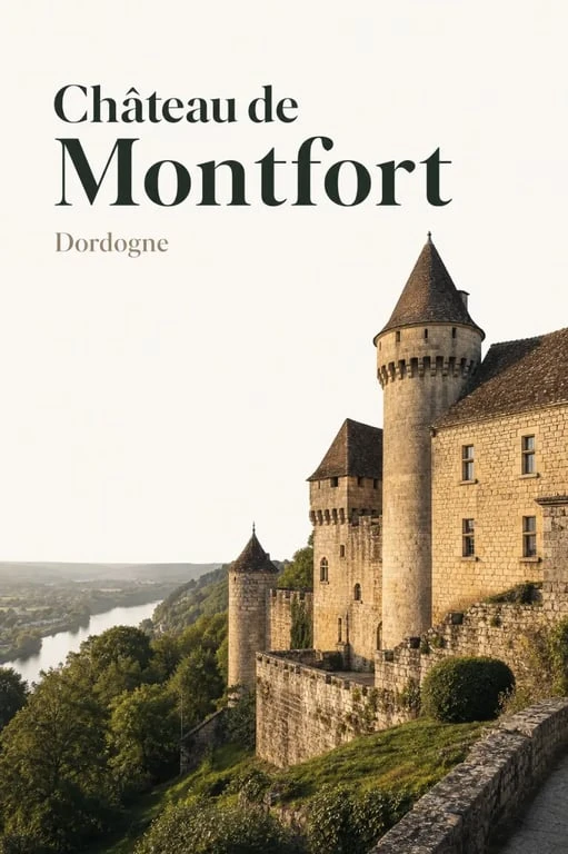 Château de Montfort Dordogne avis : vue extérieure du château dominant la vallée de la Dordogne
