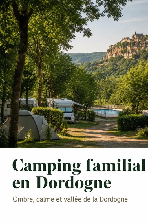 Camping le bosquet dordogne : vue panoramique d’un camping familial arboré avec la vallée de la Dordogne et Domme en arrière-plan