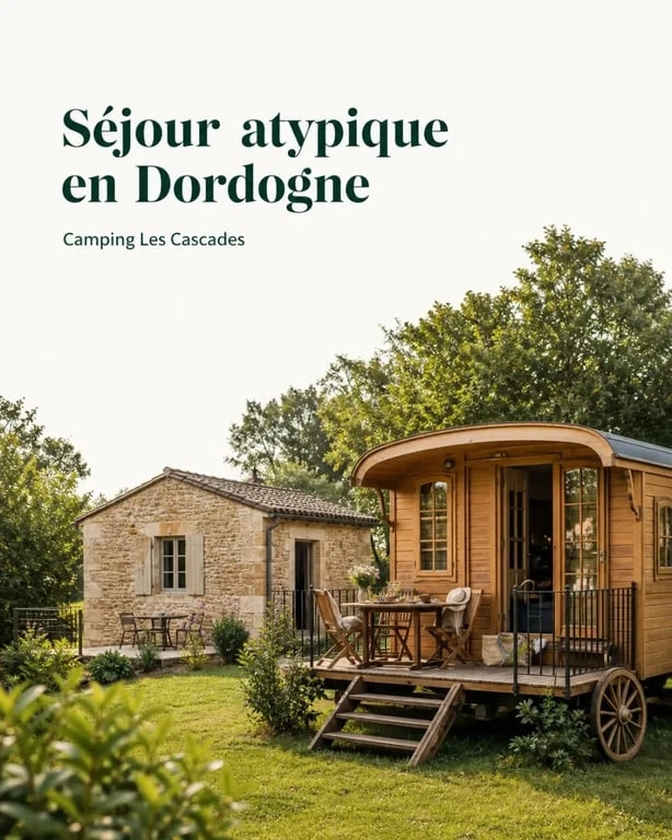 Camping les cascades dordogne avec roulotte et maisonnette en pierre dans un cadre verdoyant