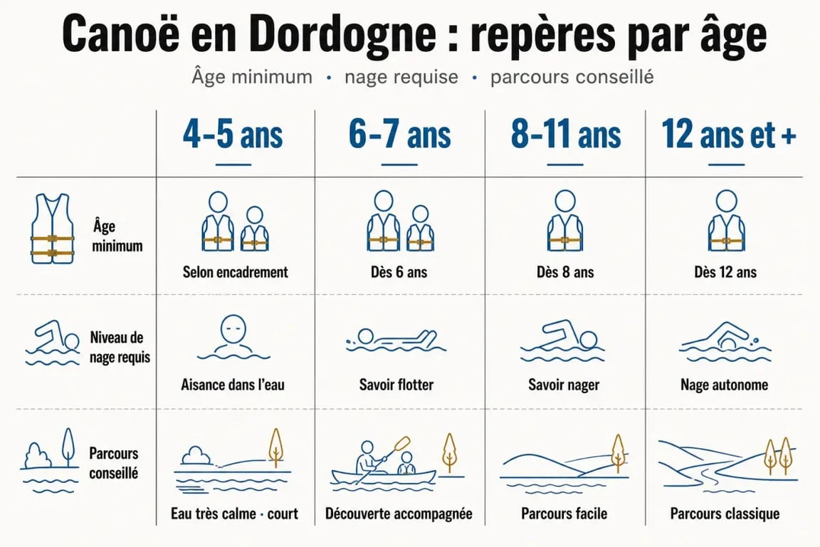 Canoë Dordogne âge minimum : tableau visuel des âges conseillés et conditions de sécurité