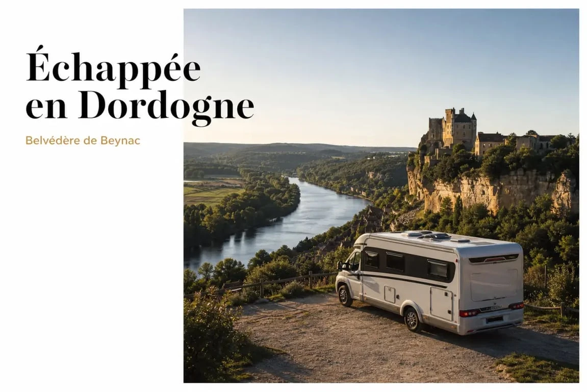 La Dordogne en camping car avec vue sur la vallée de la Dordogne et le château de Beynac