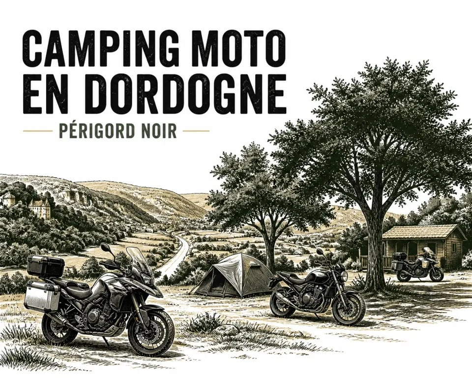 Camping moto Dordogne : motos garées dans un camping ombragé du Périgord avec tente et cabane