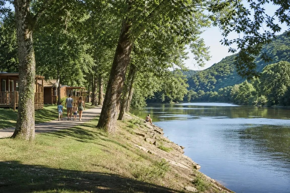 Camping chalet sur dordogne à Girac, chalets en bois au bord de la rivière dans un cadre boisé