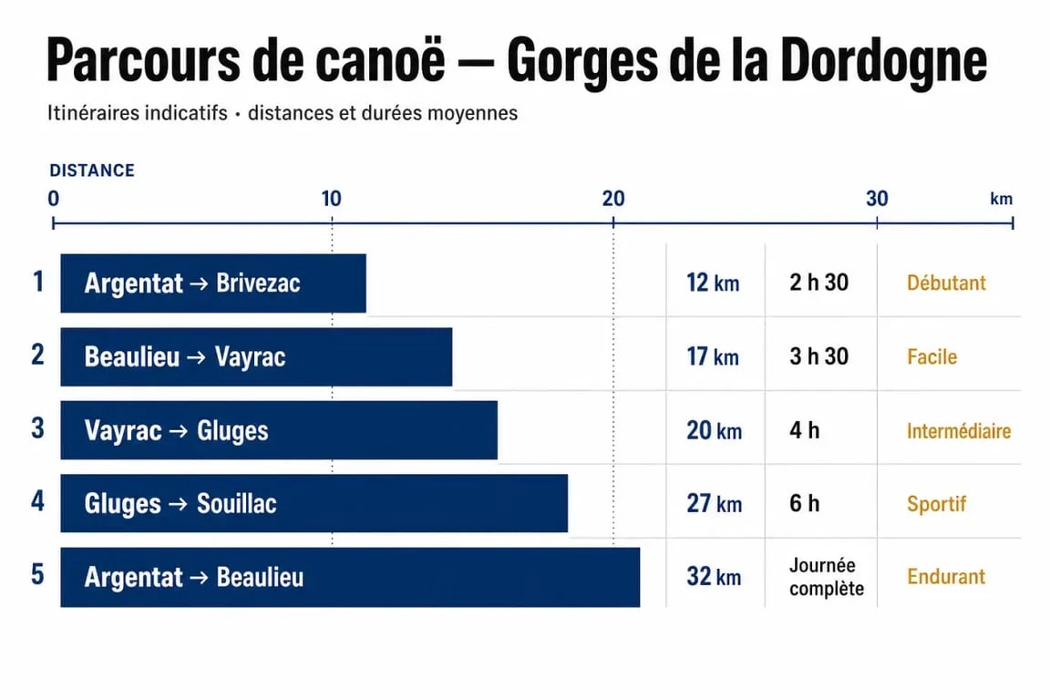 Parcours de gorges de la Dordogne canoë avec distances, durées et niveaux