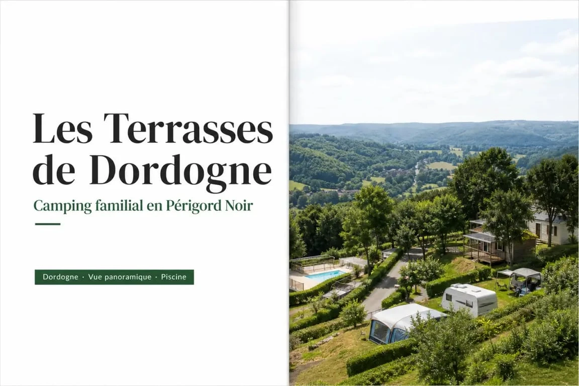 Camping les terrasses de dordogne avec vue panoramique sur la colline et la piscine