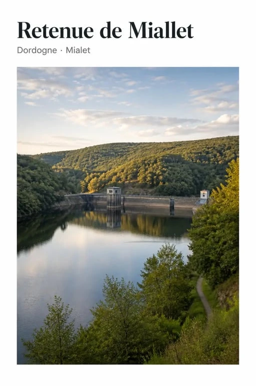 Mialet Dordogne tourisme : vue du barrage et de la retenue de Miallet au cœur d’un paysage nature
