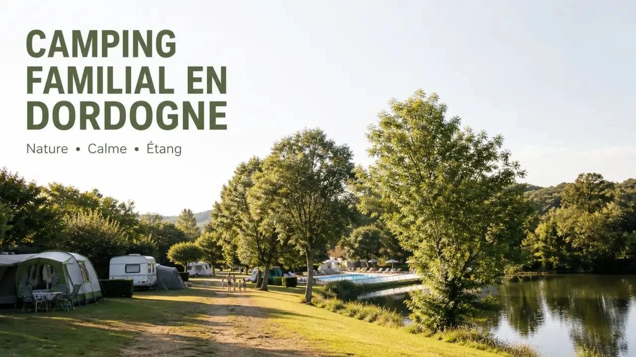 Camping la tuilière dordogne : vue d’ensemble d’un camping familial verdoyant avec piscine et étang