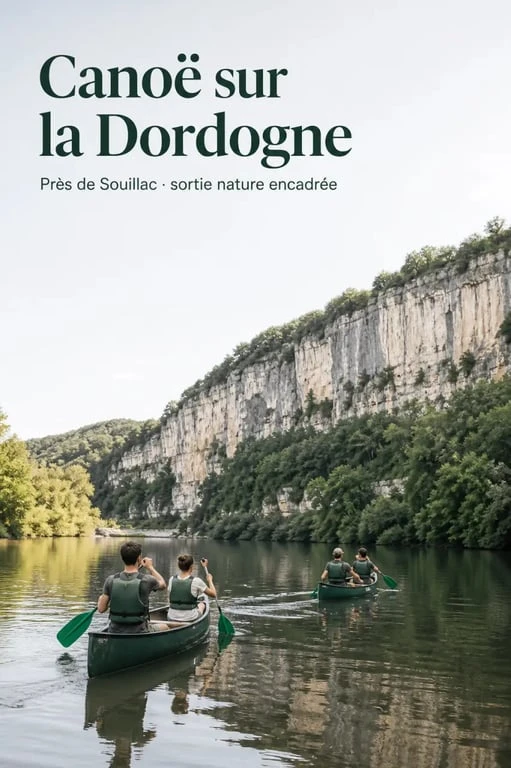 Canoë dordogne souillac sur la Dordogne près de Souillac avec pagayeurs, rivière calme et falaises calcaires