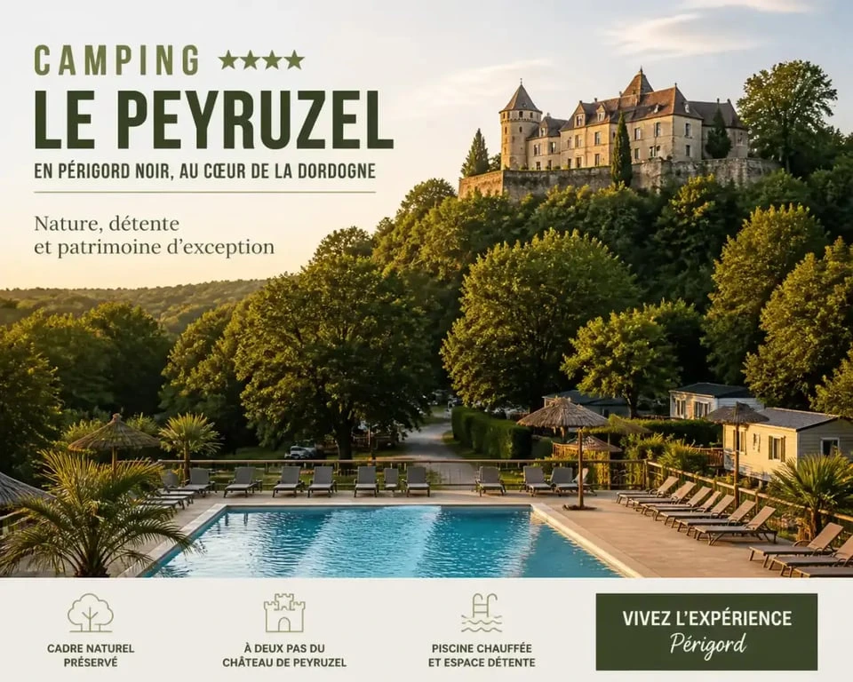 Camping La Peyrugue en Dordogne avec piscine et vue sur le Château de Peyruzel
