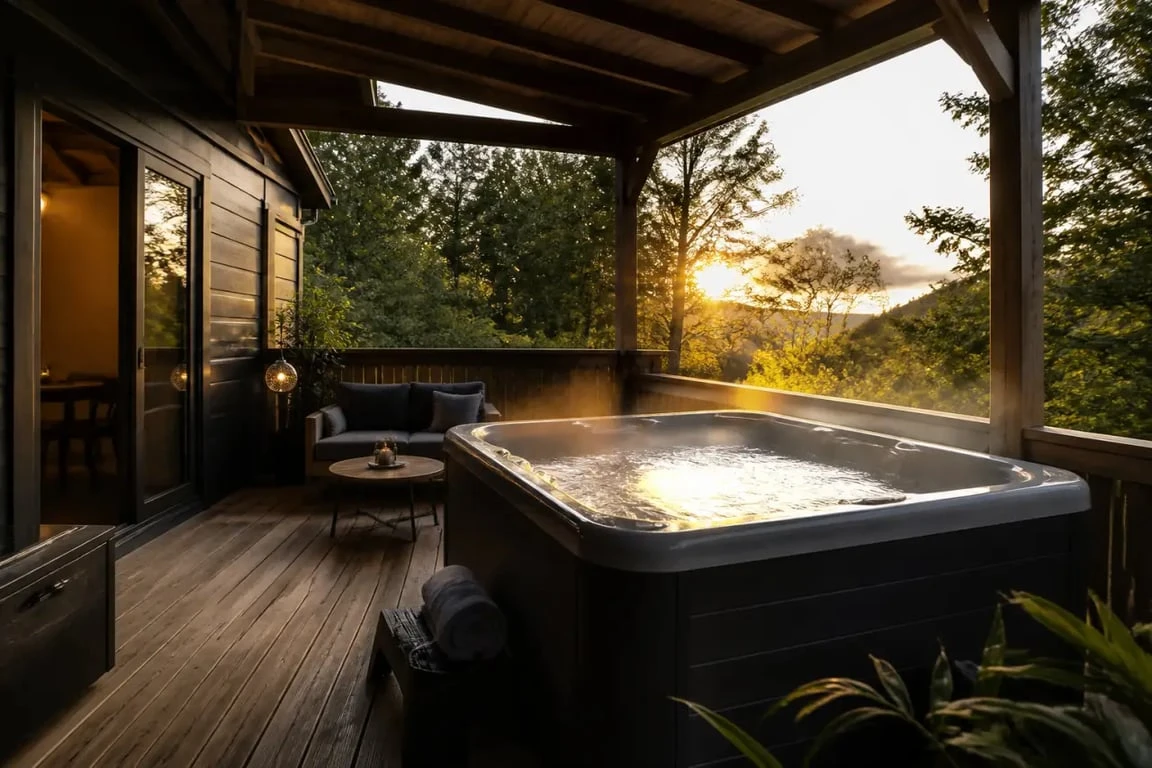 Camping avec jacuzzi privatif Dordogne dans un chalet premium avec terrasse en bois