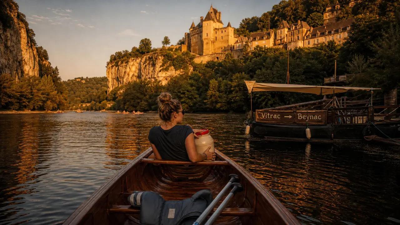 Canoë dans les gorges de la Dordogne à Vitrac vers Beynac, falaises et rives calcaires en golden hour