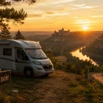 La dordogne en camping car : camping-car près de la Dordogne au coucher du soleil
