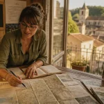 Conseillère office tourisme le temple sur lot au bureau d’accueil, plan du Lot-et-Garonne