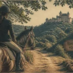 Randonnée équestre périgord : cavalier sur sentier terre près de chênes et château médiéval