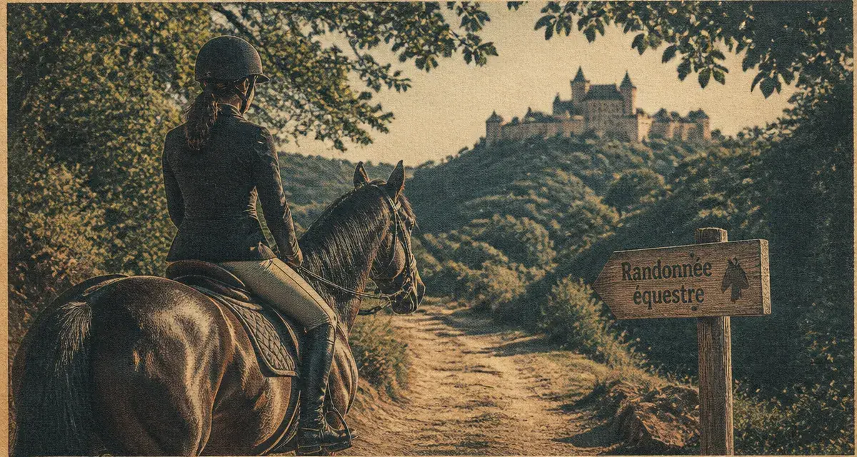 Randonnée équestre périgord : cavalier sur sentier terre près de chênes et château médiéval