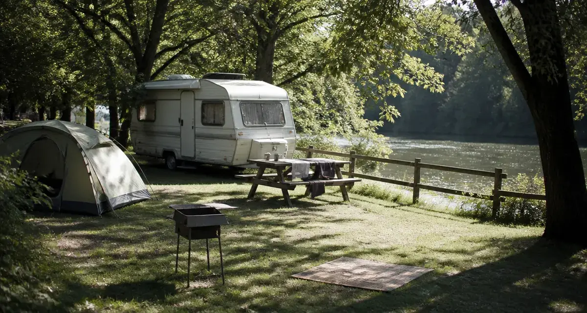 Sainte terre camping camp municipal bord dordogne : emplacement nu, tente et rivière