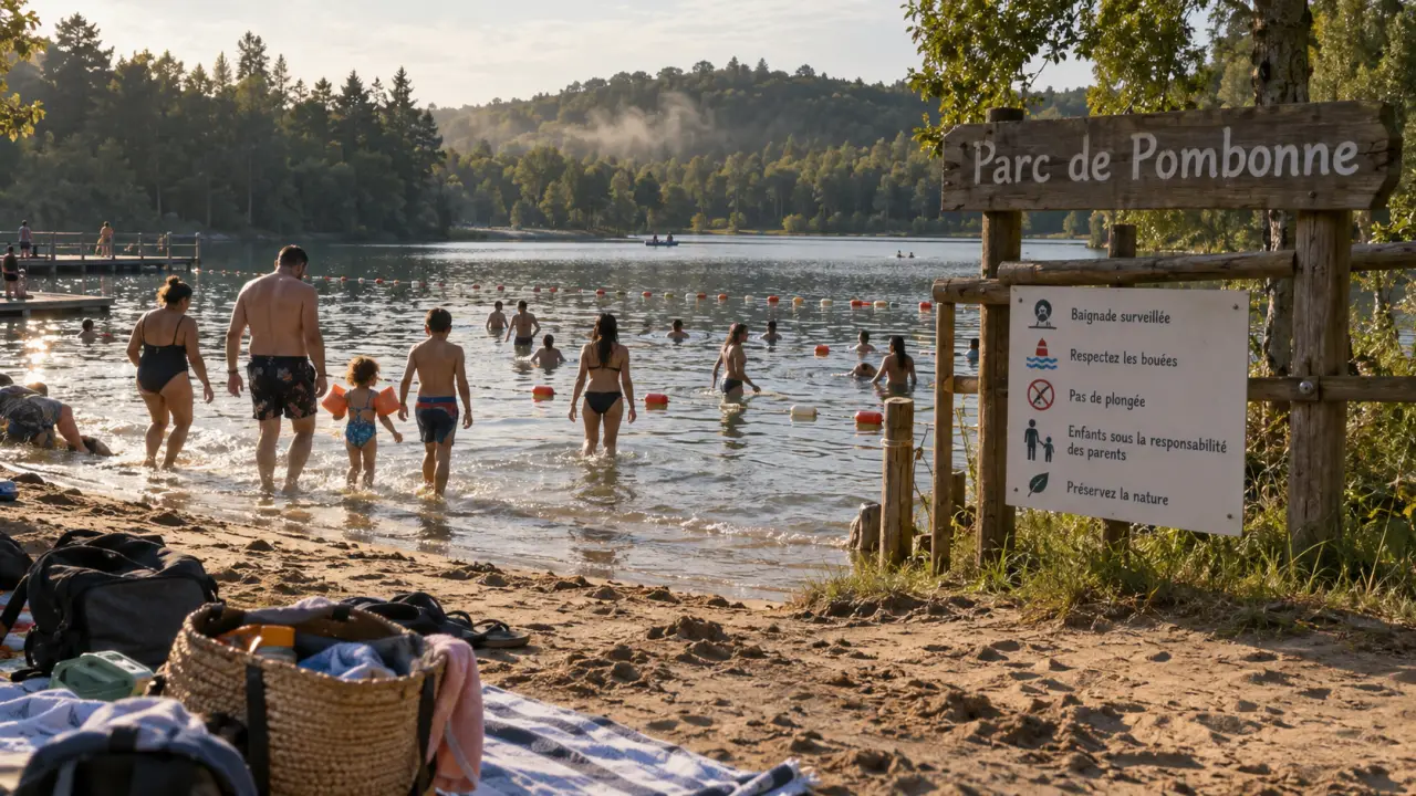 Baignade dordogne bergerac : familles dans une zone de baignade surveillée, parc de Pombonne