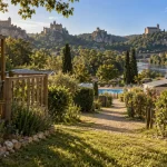 Camping dordogne les cinq châteaux photos : terrasse mobil-home en Périgord Noir