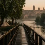 Passerelle entre îles au camping Huttopia Beaulieu sur Dordogne, en groupe
